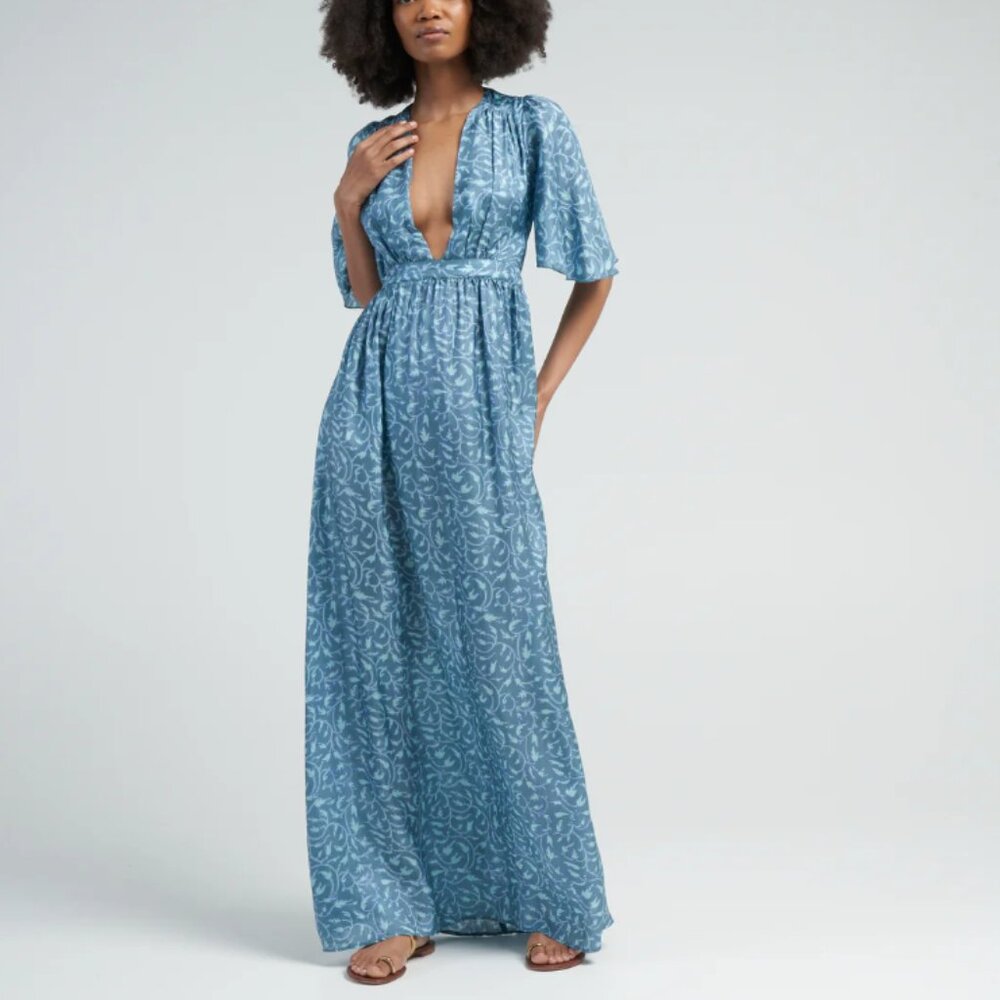 HANNAH Artwear Suri V-Neck Aster Print 100% Silk Habotai Maxi Dress Size US 6